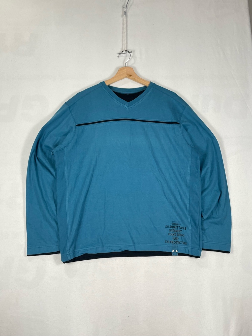 Vtg Point Zero Black Label Double Collar Teal Striped Long Sleeve Shirt Sz L